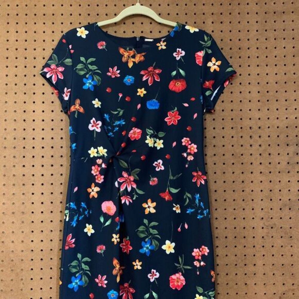 T Tahari Womens Navy Blue Floral Twist Front Short Sleeve Sheath Dress Size‎ 8